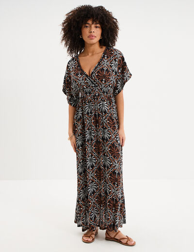 Robe fluide longue col et dos en V noir femme