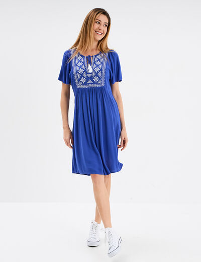 Robe courte buste brodé bleu roi femme