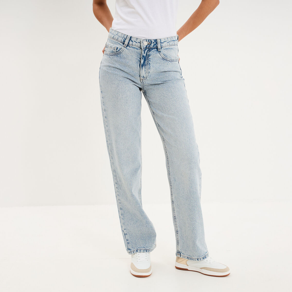 Jean droit taille basse coton denim triple stone femme
