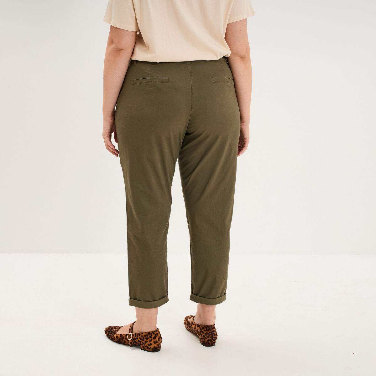 Pantalon chino taille haute coton vert kaki femme grande taille