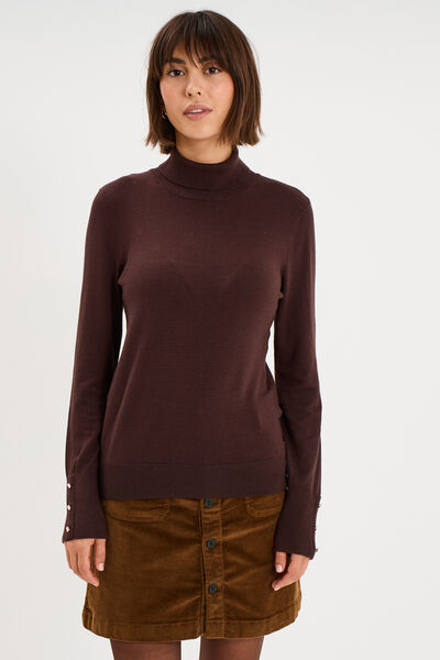 Pull col roul&eacute; avec boutons poignets marron fonc&eacute; femme