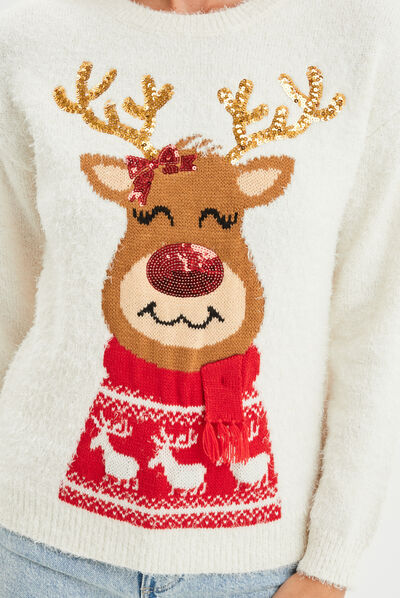 Pull de Noël avec sequins et franges ivoire femme