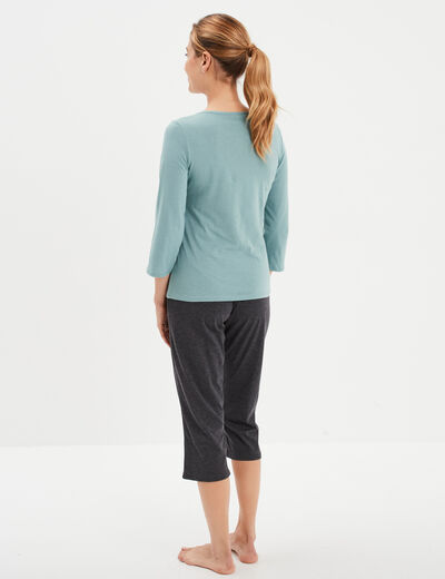 Ensemble pyjama corsaire 2 pièces coton bleu gris femme