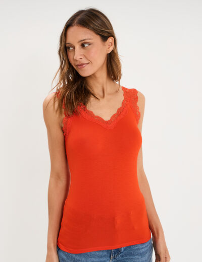 D&eacute;bardeur ajust&eacute; avec dentelle col V orange femme
