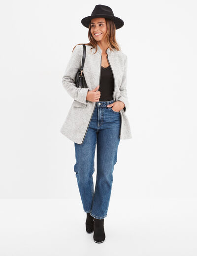 Manteau mi-long cintré zippé col montant gris clair femme