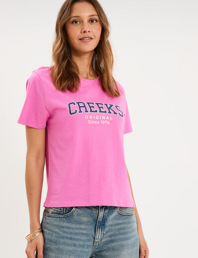 T-shirt col rond manches courtes rose fushia femme