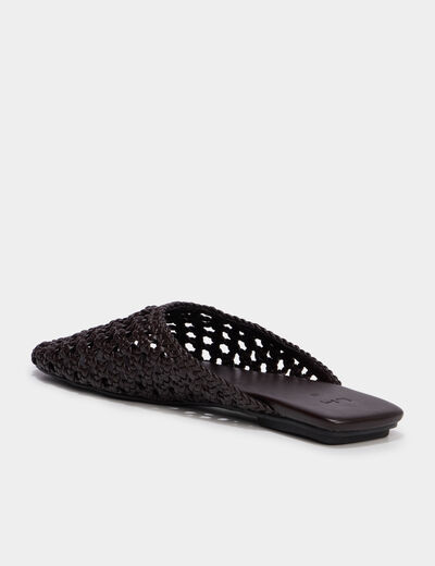 Mules plates carr&eacute;es effet tress&eacute; marron femme