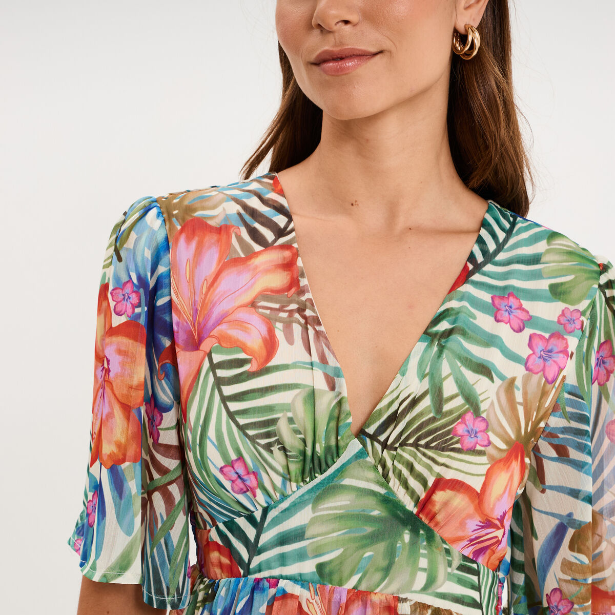 Robe longue bas volants col en V multicolore femme