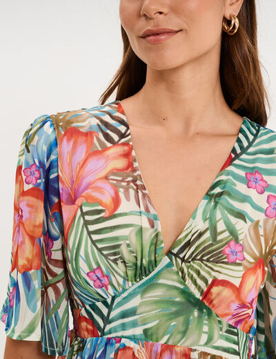 Robe longue bas volants col en V multicolore femme