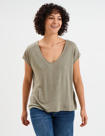 T-shirt manches courtes lin mélangé vert kaki femme