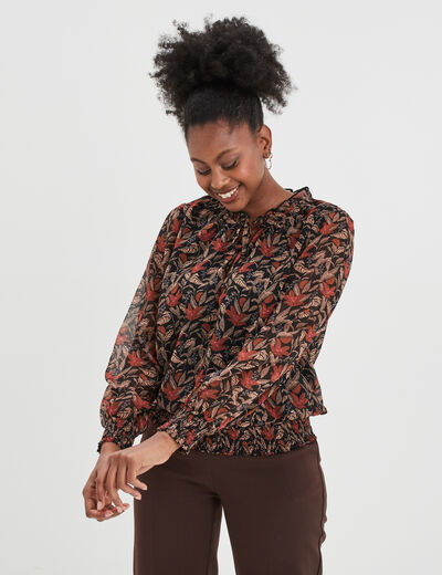 Blouse manches longues col montant camel femme