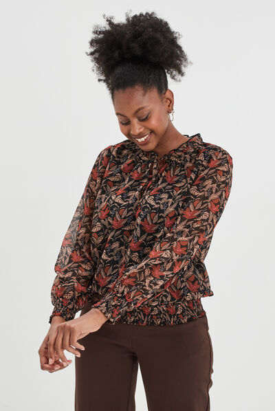 Blouse manches longues col montant camel femme