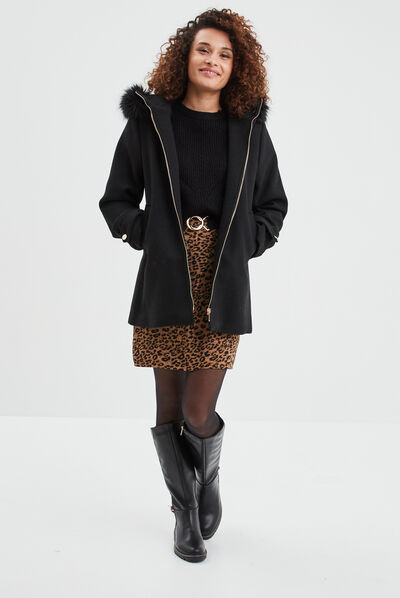 Manteau zippé à capuche fausse fourrure noir femme