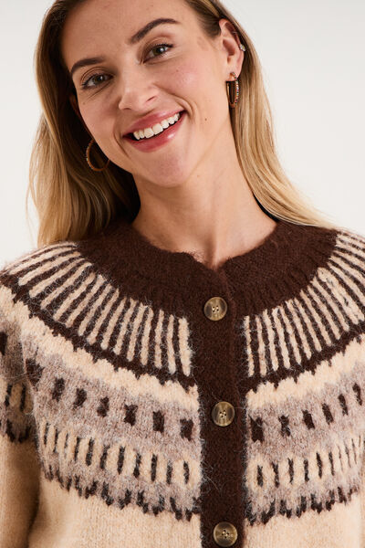 Gilet col rond manches longues beige femme