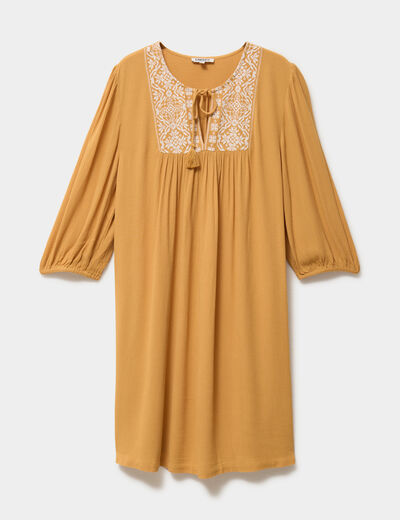 Robe fluide brod&eacute;e manches 3/4 jaune moutarde femme