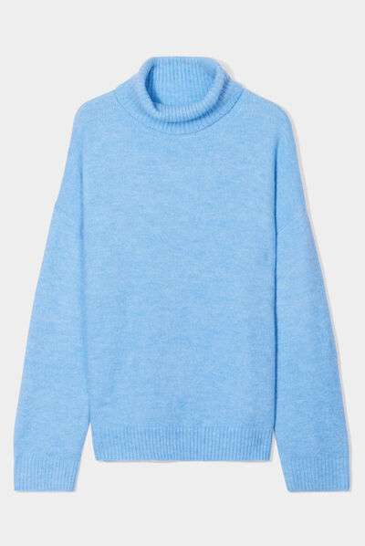 Pull col roulé droit manches longues bleu femme