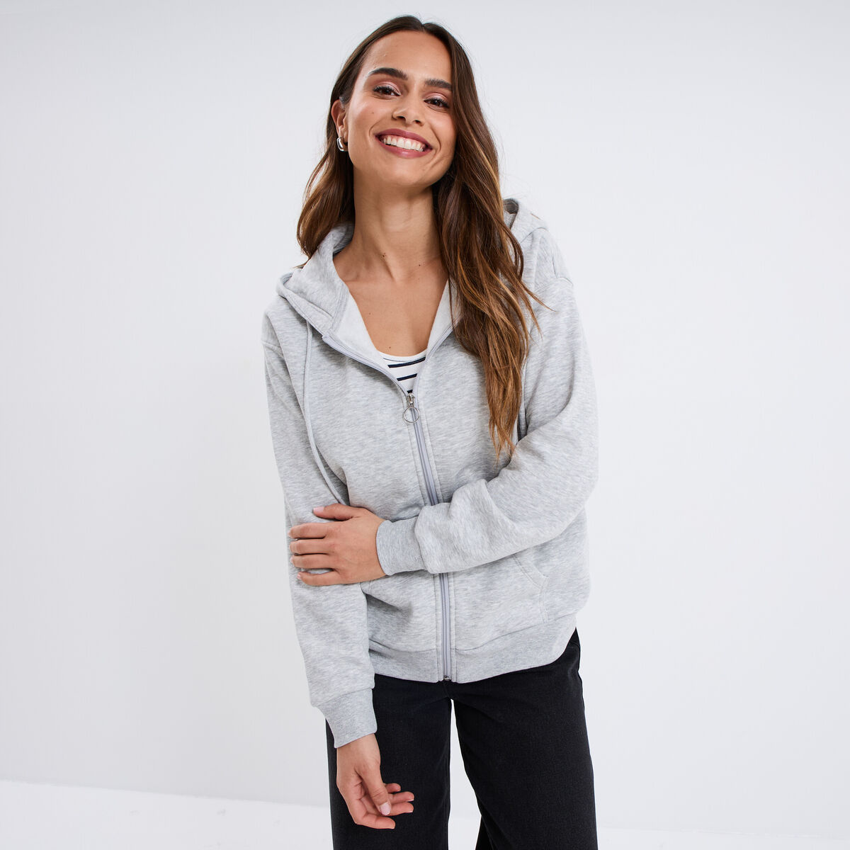 Sweat zippé à capuche gris clair femme
