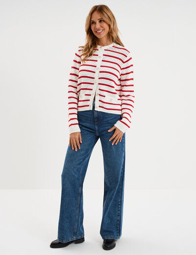 Gilet effet ajour&eacute; manches longues coton ecru femme