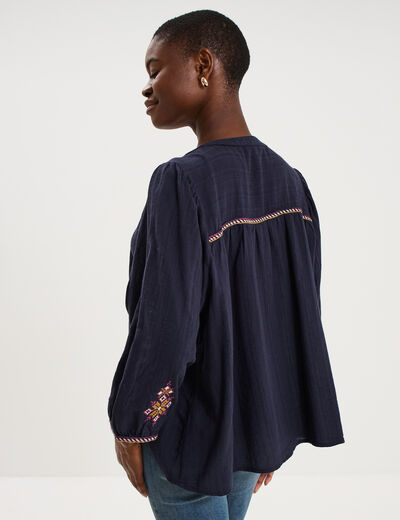Blouse brod&eacute;e oversize manches 3/4 bleu fonc&eacute; femme
