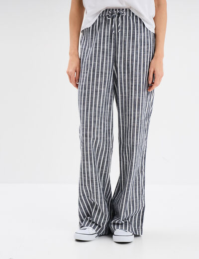Pantalon large taille élastiquée coton bleu marine femme