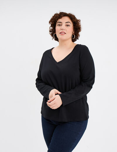 T-shirt col en V manches longues coton noir femme grande taille