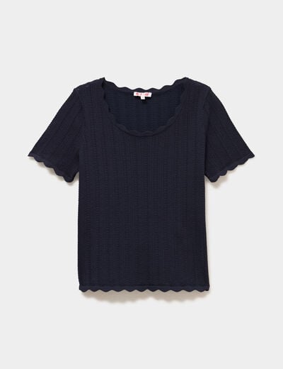 Pull ajour&eacute; col rond manches courtes bleu fonc&eacute; femme