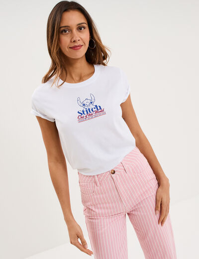 T-shirt manches courtes coton Stitch blanc femme