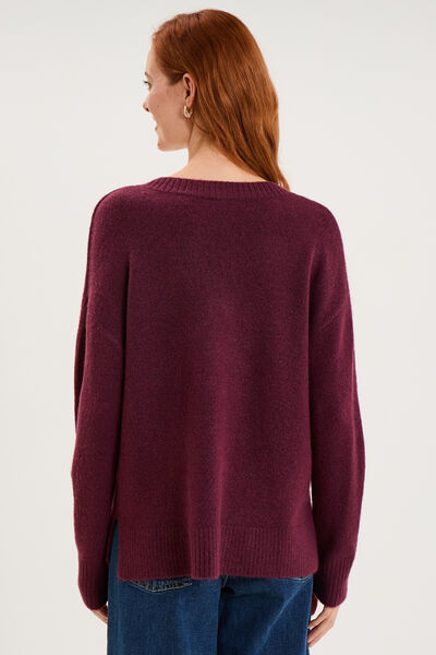 Pull col en V manches longues prune femme