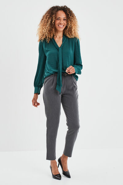 Blouse satin col lavallière droite vert foncé femme