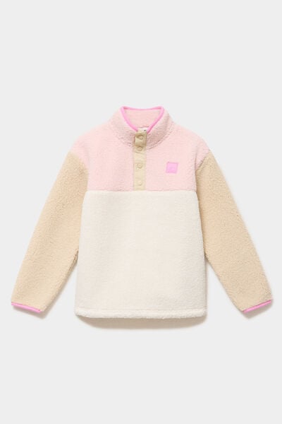 Sweat effet sherpa col montant boutonn&eacute; sable fille
