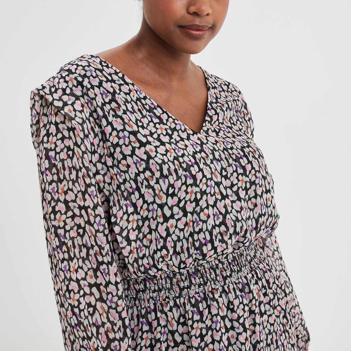 Robe évasée taille élastiquée col en V noir femme