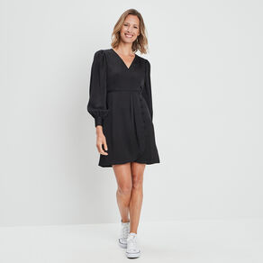 Robe portefeuille manches ballon satinée noir femme