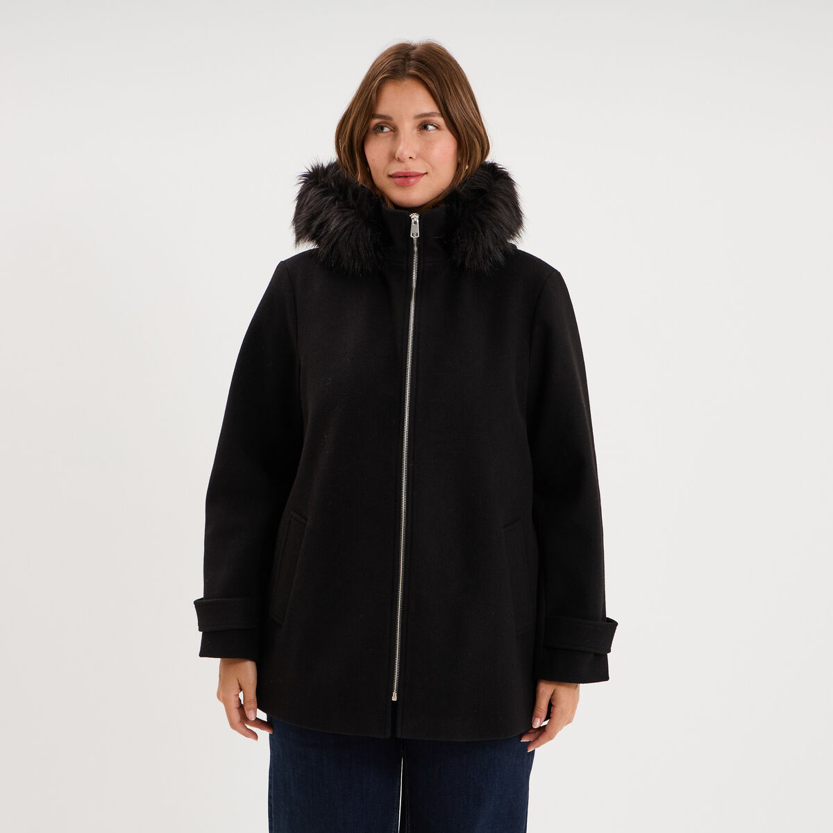 Manteau zipp&eacute; capuche fausse fourrure noir femme grande taille