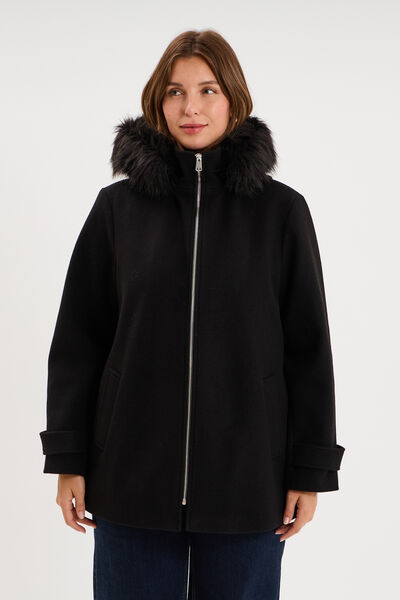 Manteau zipp&eacute; capuche fausse fourrure noir femme grande taille