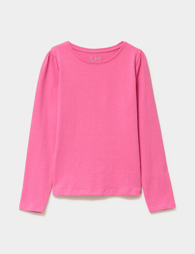 T-shirt coton manches longues à fronces rose fushia fille