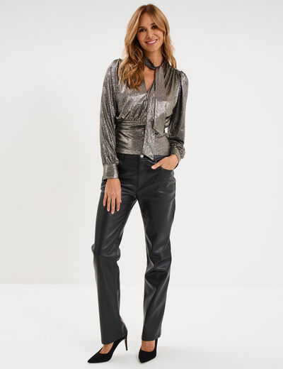T-shirt m&eacute;tallis&eacute; col lavalli&egrave;re noir femme