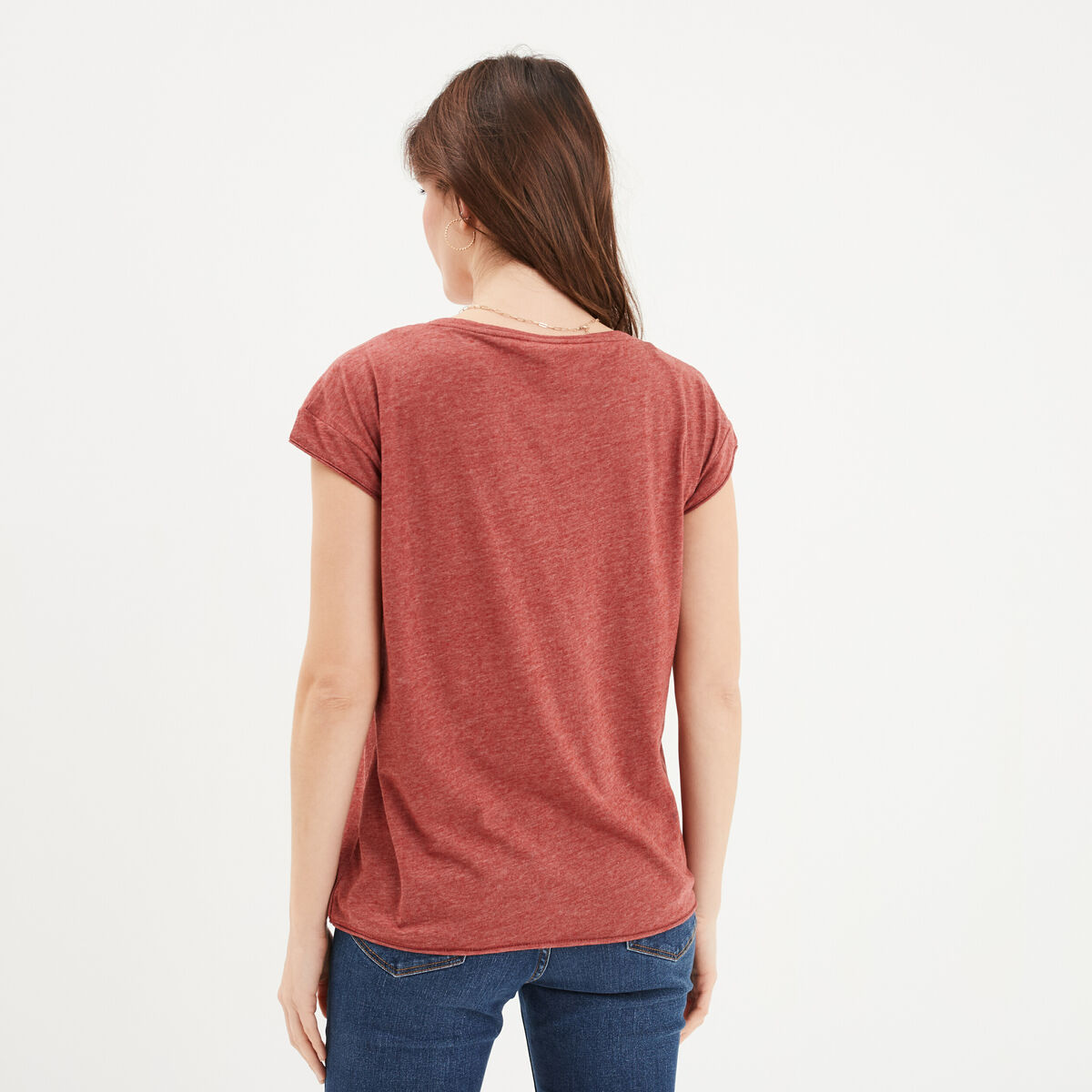 T-shirt col v poche poitrine Creeks rouge foncé femme