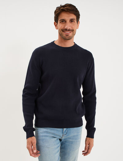 Pull en maille textur&eacute;e col rond bleu marine homme