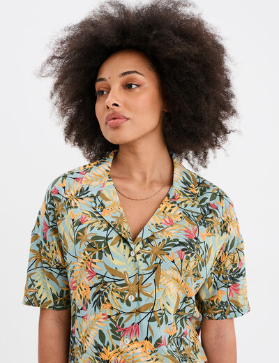 Chemise col cubain manches courtes vert émeraude femme