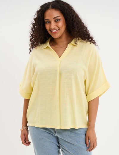 Blouse oversize manches courtes coton jaune clair femme grande taille
