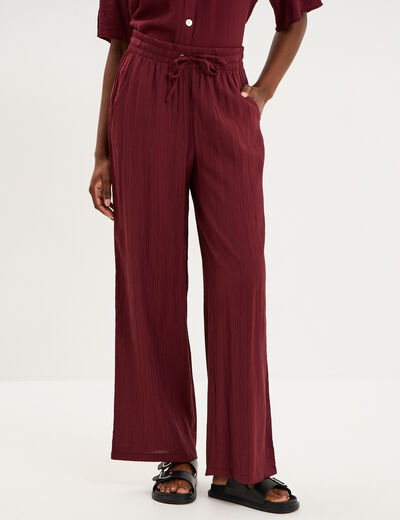 Pantalon large fluide taille &eacute;lastiqu&eacute;e bordeaux femme