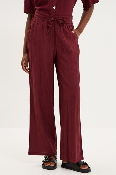 Pantalon large fluide taille &eacute;lastiqu&eacute;e bordeaux femme