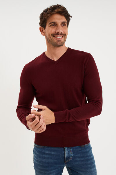 Pull jersey avec col en V violet fonc&eacute; homme