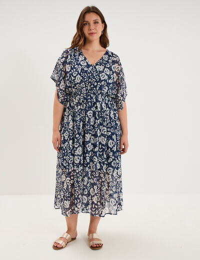 Robe longue taille smock&eacute;e bleu marine femme grande taille