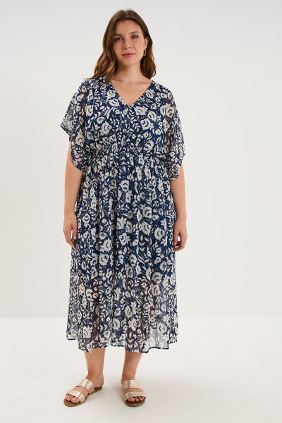 Robe longue taille smock&eacute;e bleu marine femme grande taille