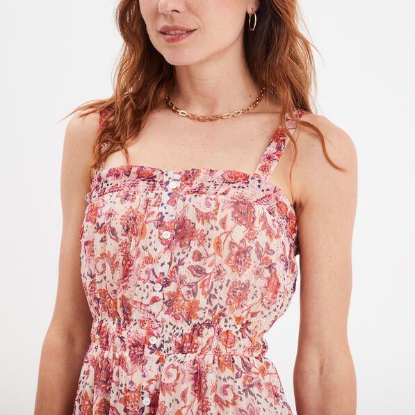 Robe midi à bretelles taille élastiquée ecru femme