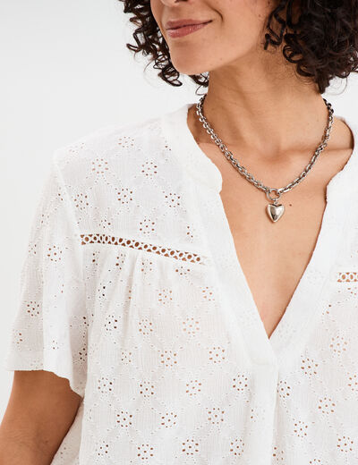T-shirt broderie anglaise col tunisien blanc femme