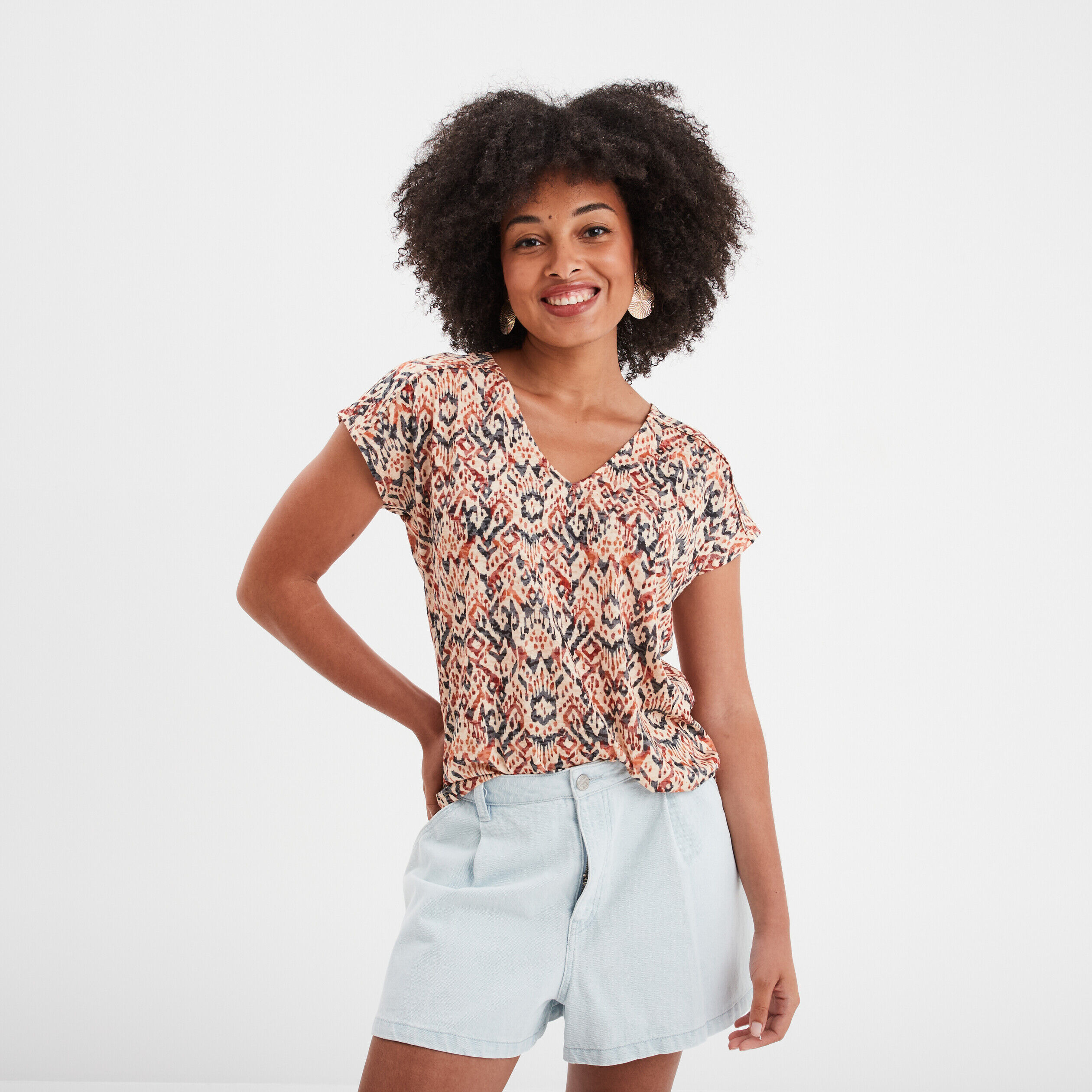 T-shirt col en V manches courtes terracotta femme LH