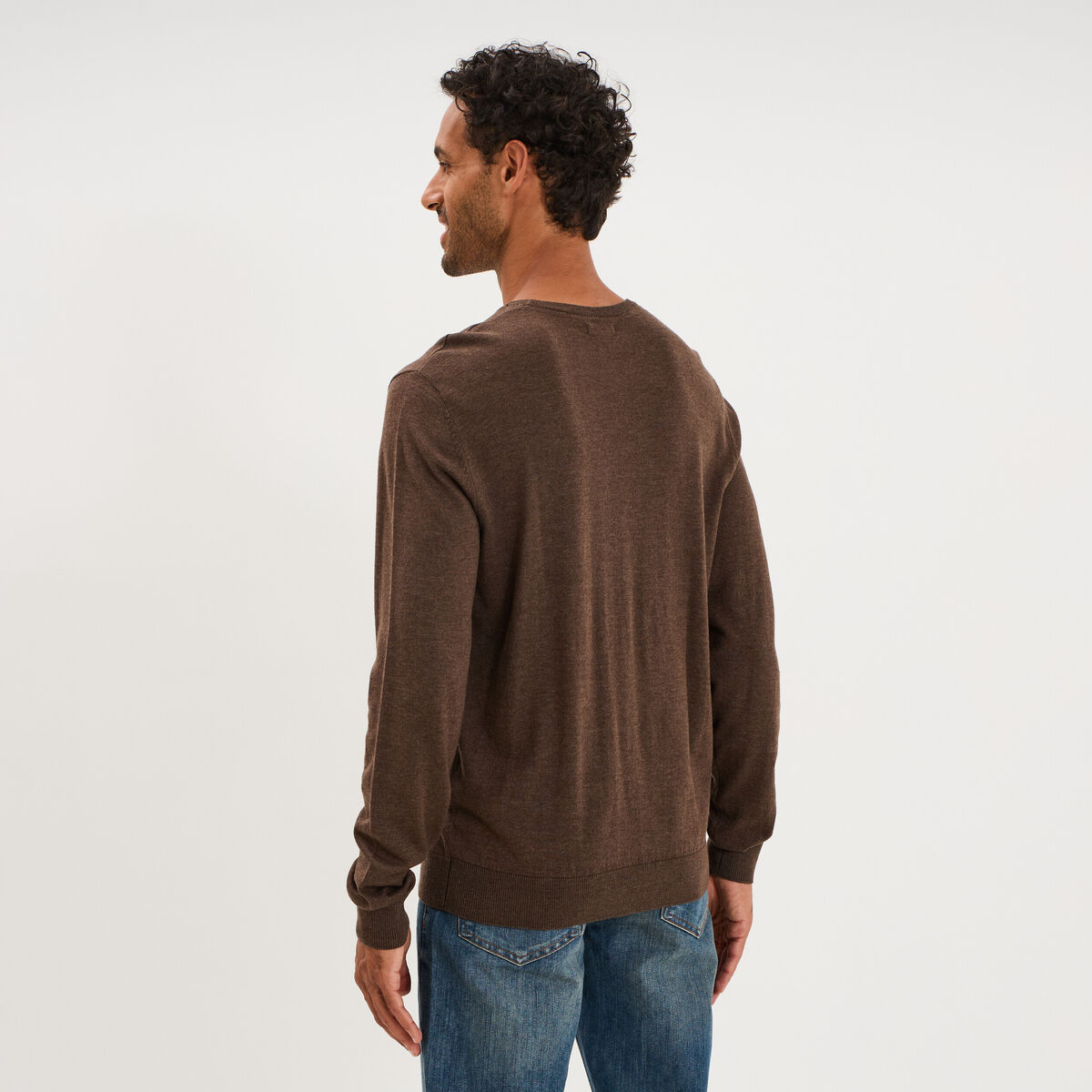 Pull droit col rond coton m&eacute;lang&eacute; marron chocolat homme