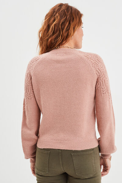Pull manches ballons détails ajourés vieux rose femme